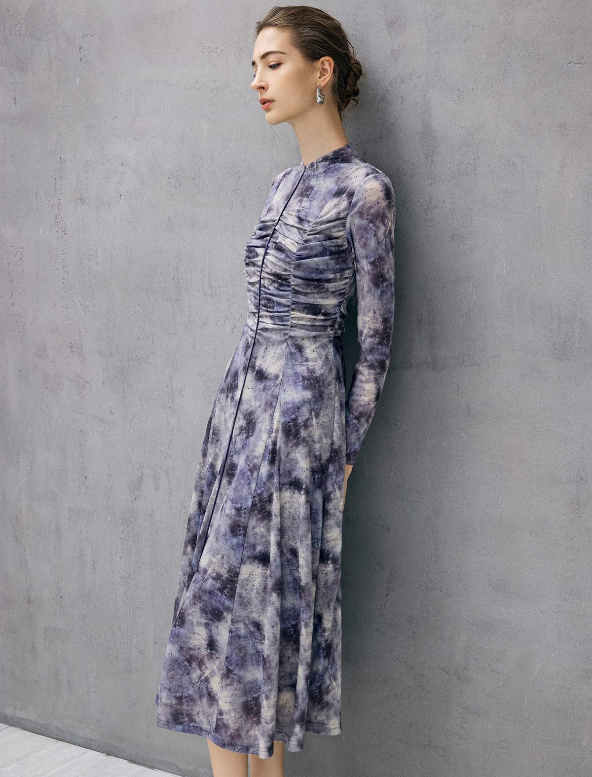 Watercolor Print Long Sleeve Fitted Dress