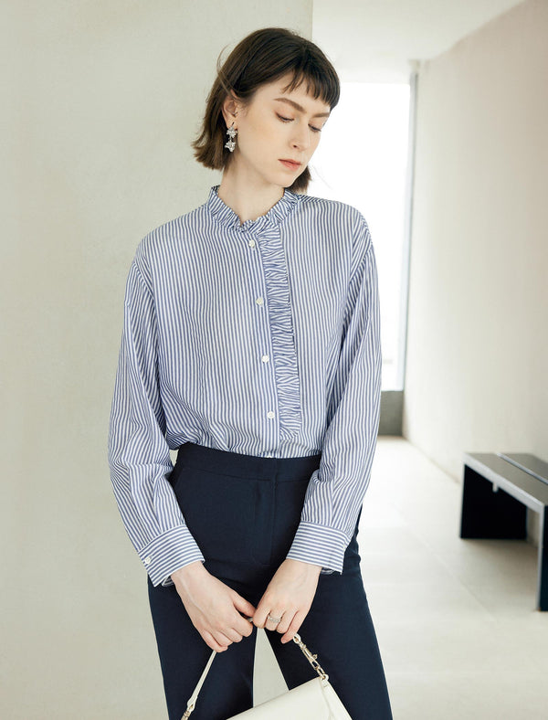 Blue Striped Tencel Minimalist Long-Sleeve Shirt