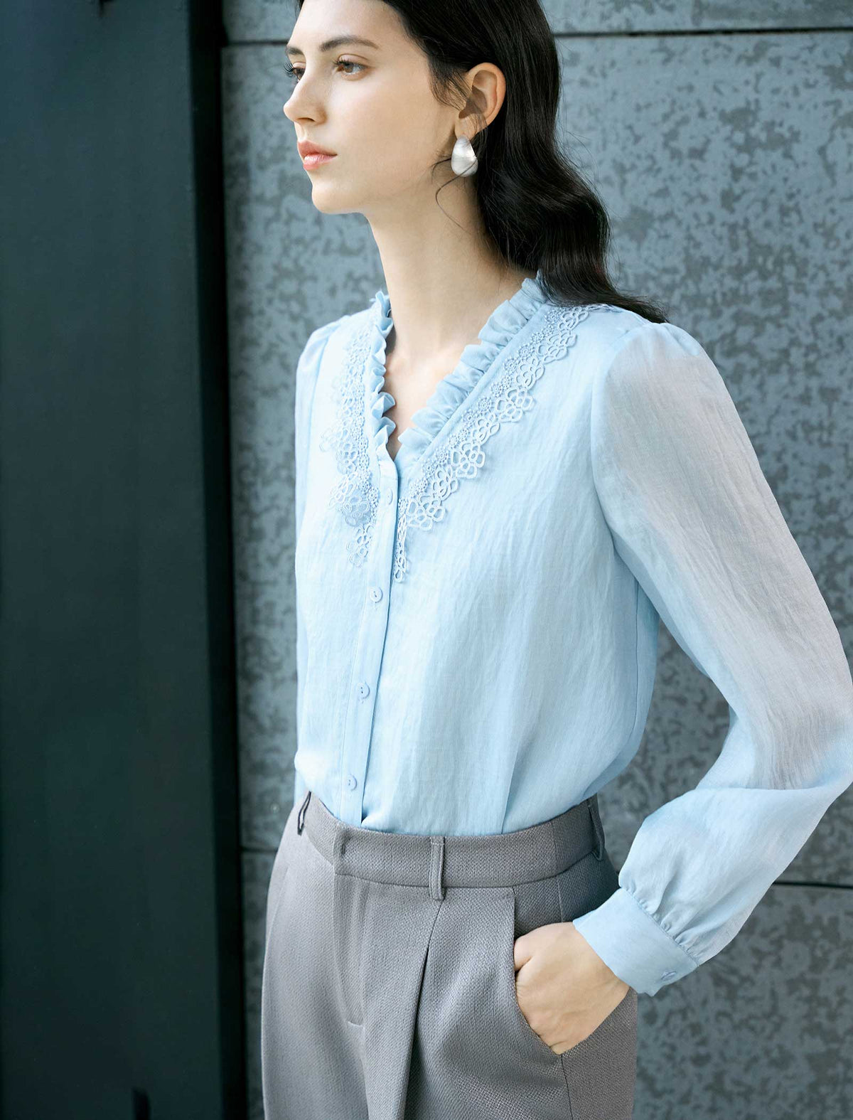 Lace Ruffle V‑Neck Long Sleeve Blouse