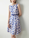 Sleeveless Blue Floral Belted Dress