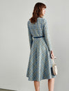 Blue Plaid Long Sleeve Midi Dress