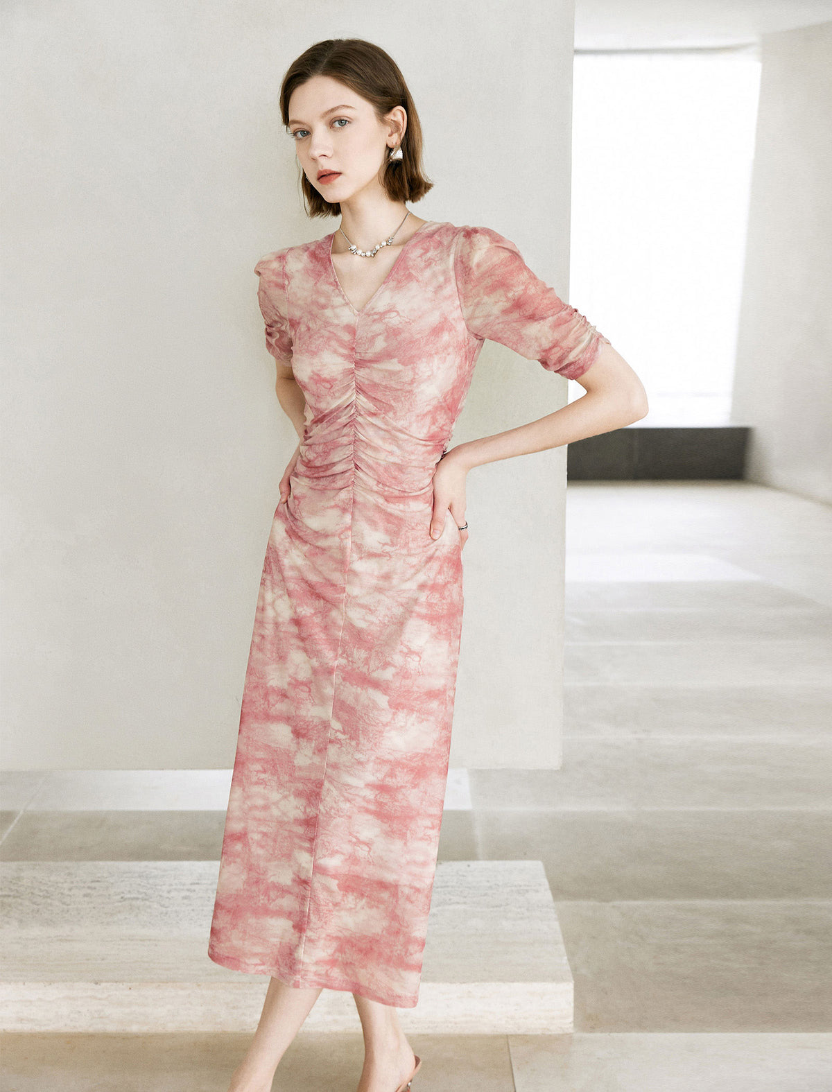 Pink Watercolor Ruched Midi Dress