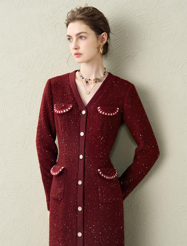 Sparkle Wool Blend V-Neck Button-Front Midi Dress