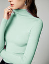 Wool Blend Fine Knit Ruched Turtleneck Long Sleeve Top