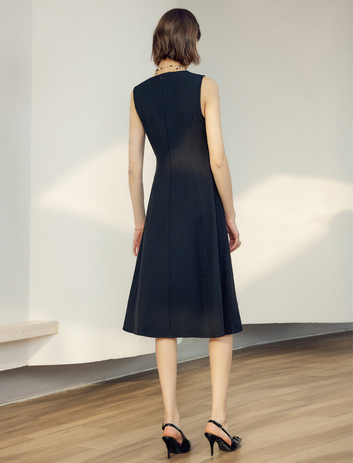 Sleeveless Shimmer Grid A-Line Midi Dress