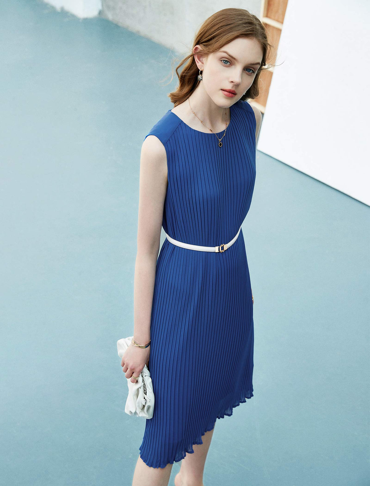 Royal Blue Pleated Sleeveless Midi Dress