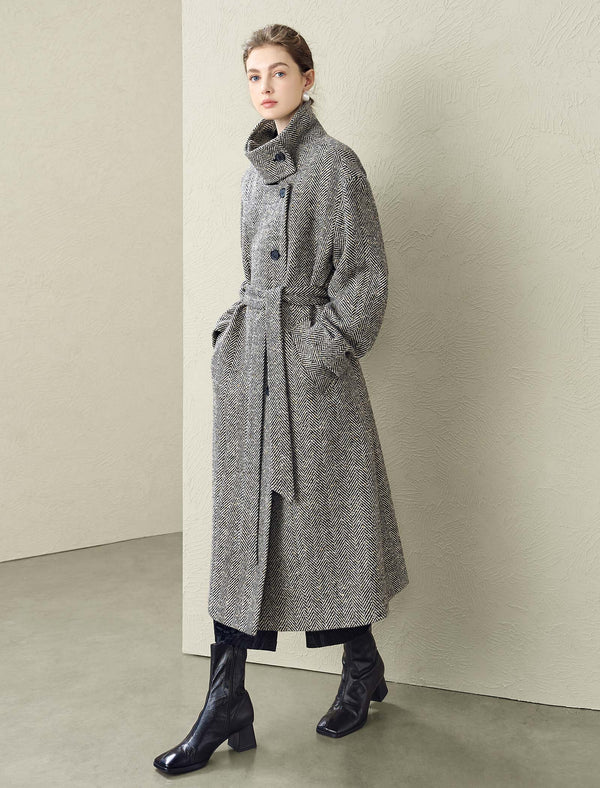 Herringbone Wool-Blend Self-Tie Overcoat