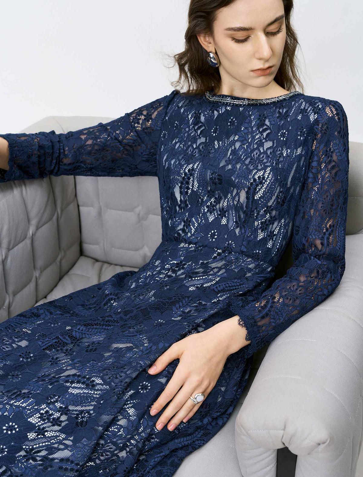 Navy Blue Beaded Neckline Lace Midi Dress