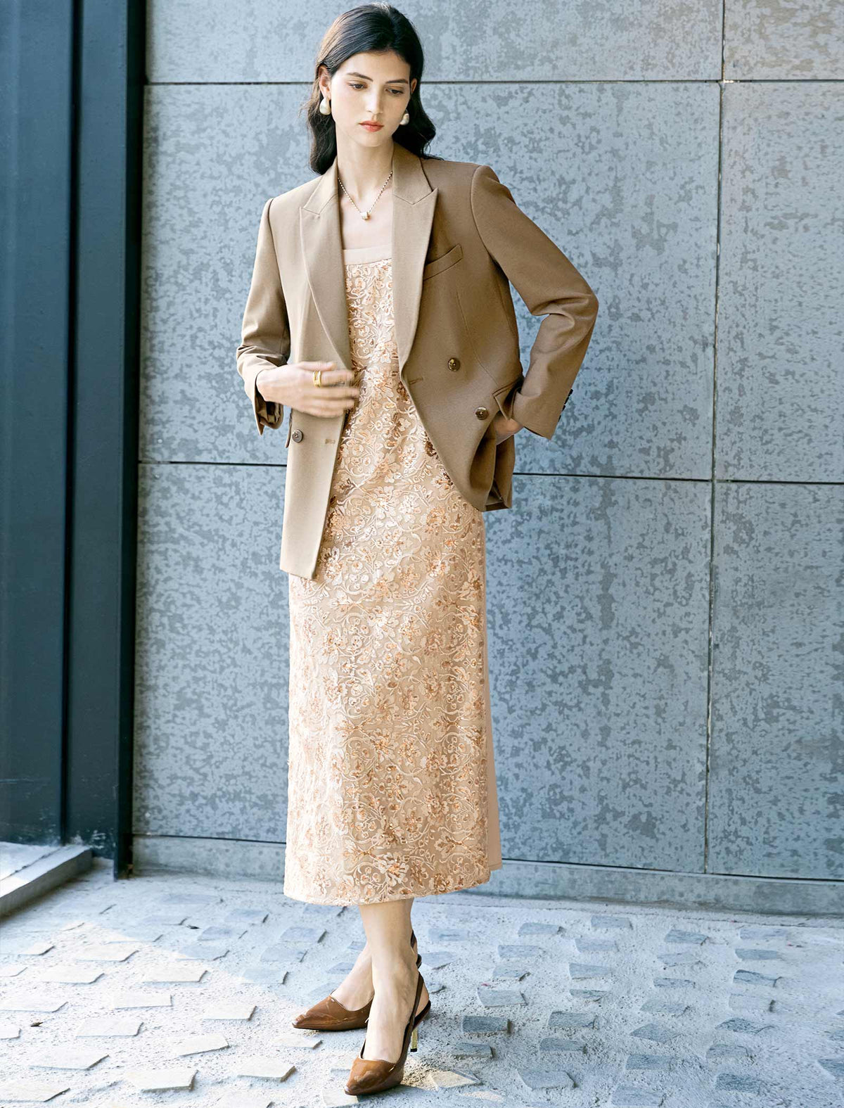 Taupe Double-Breasted Blazer