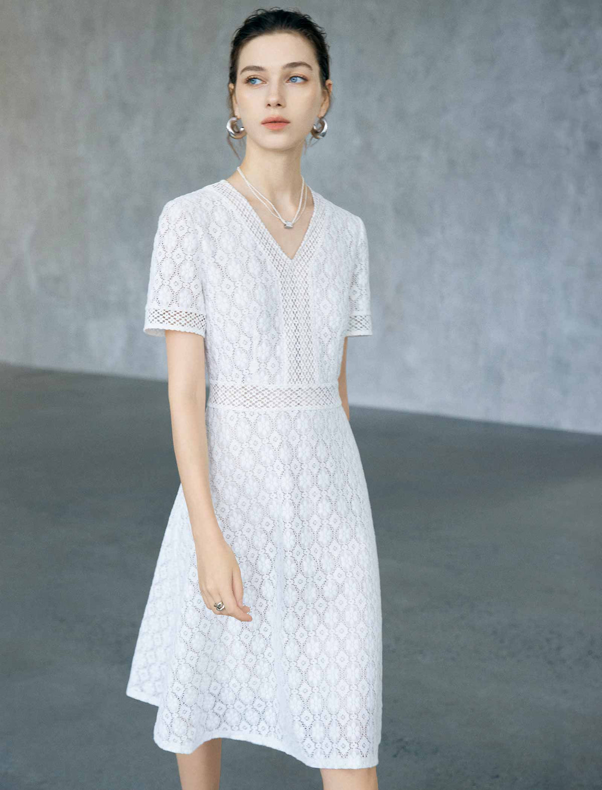 White Geometric Lace V-Neck Short Sleeve Fit And Flare Midi Dress