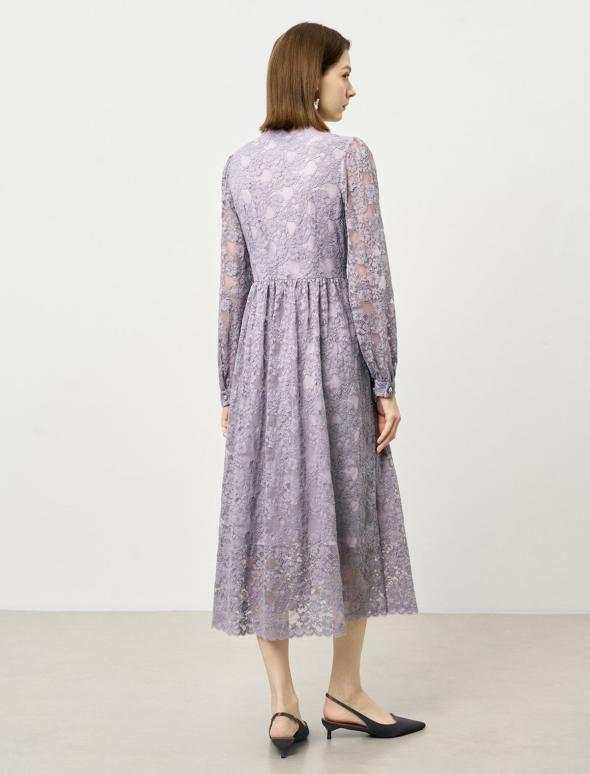 Lace Embellished neckline Pocket Detail Midi Dress