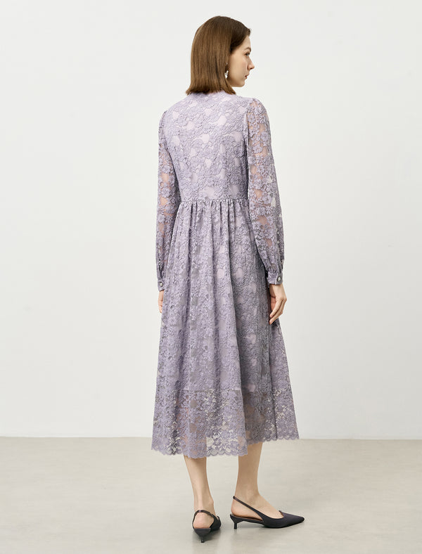 Lace Embellished neckline Pocket Detail Midi Dress