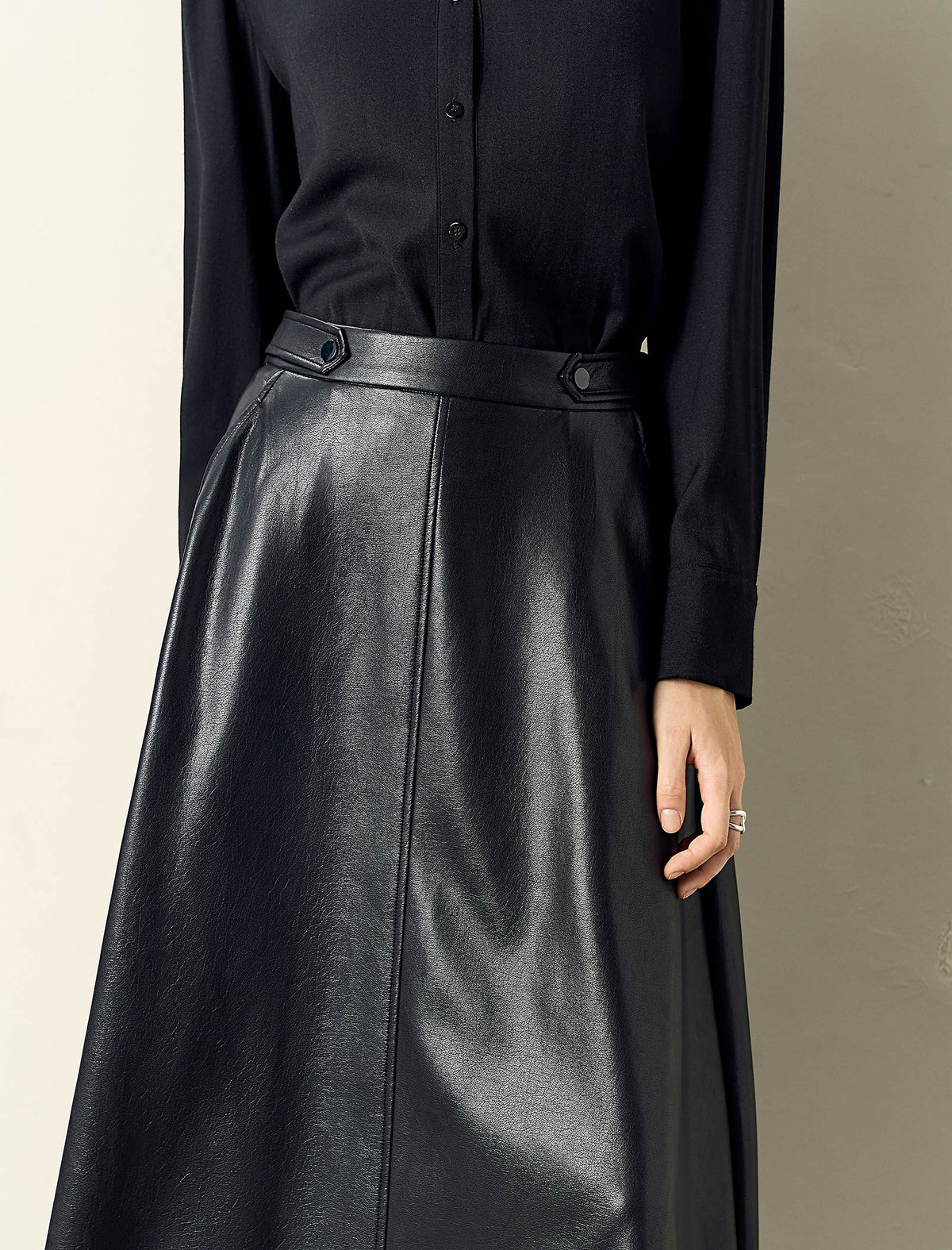 A-Line PU Leather Midi Skirt