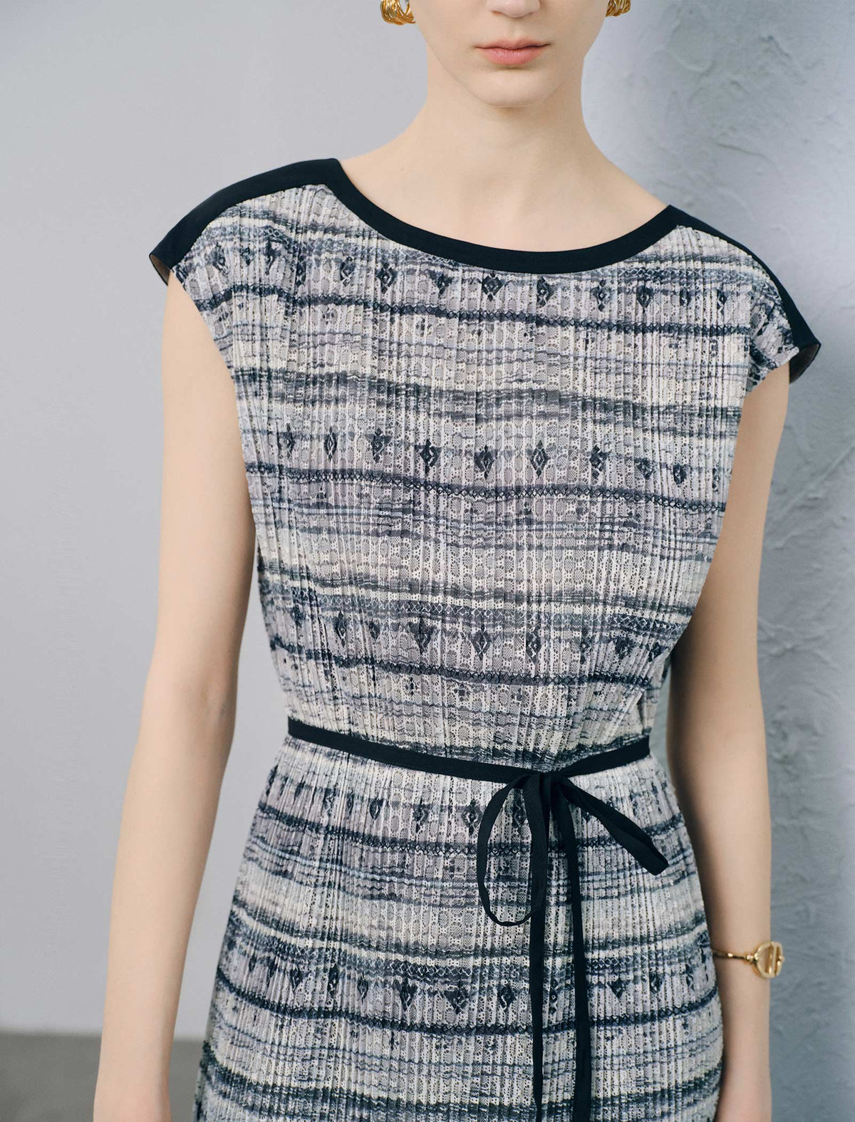 Striped Textured Lace-Hem Midi Dress