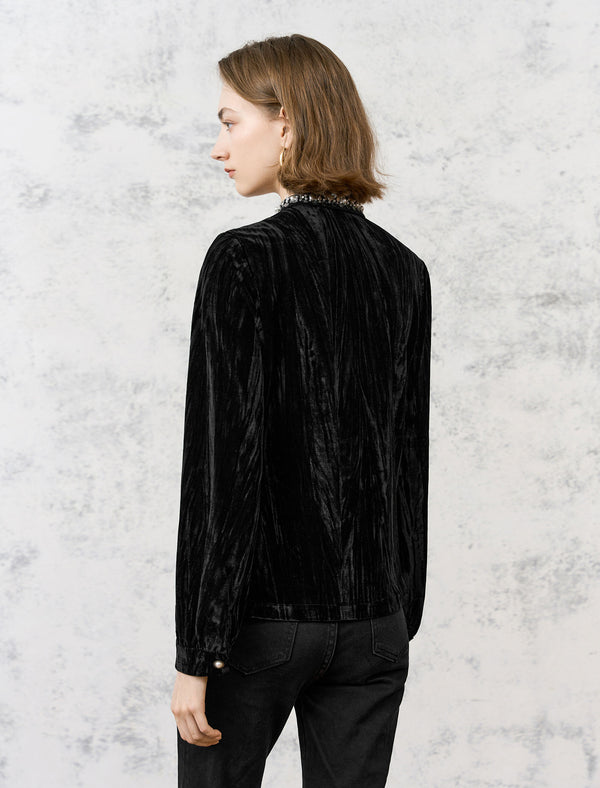 Black Velvet Embellished Button-Up Top