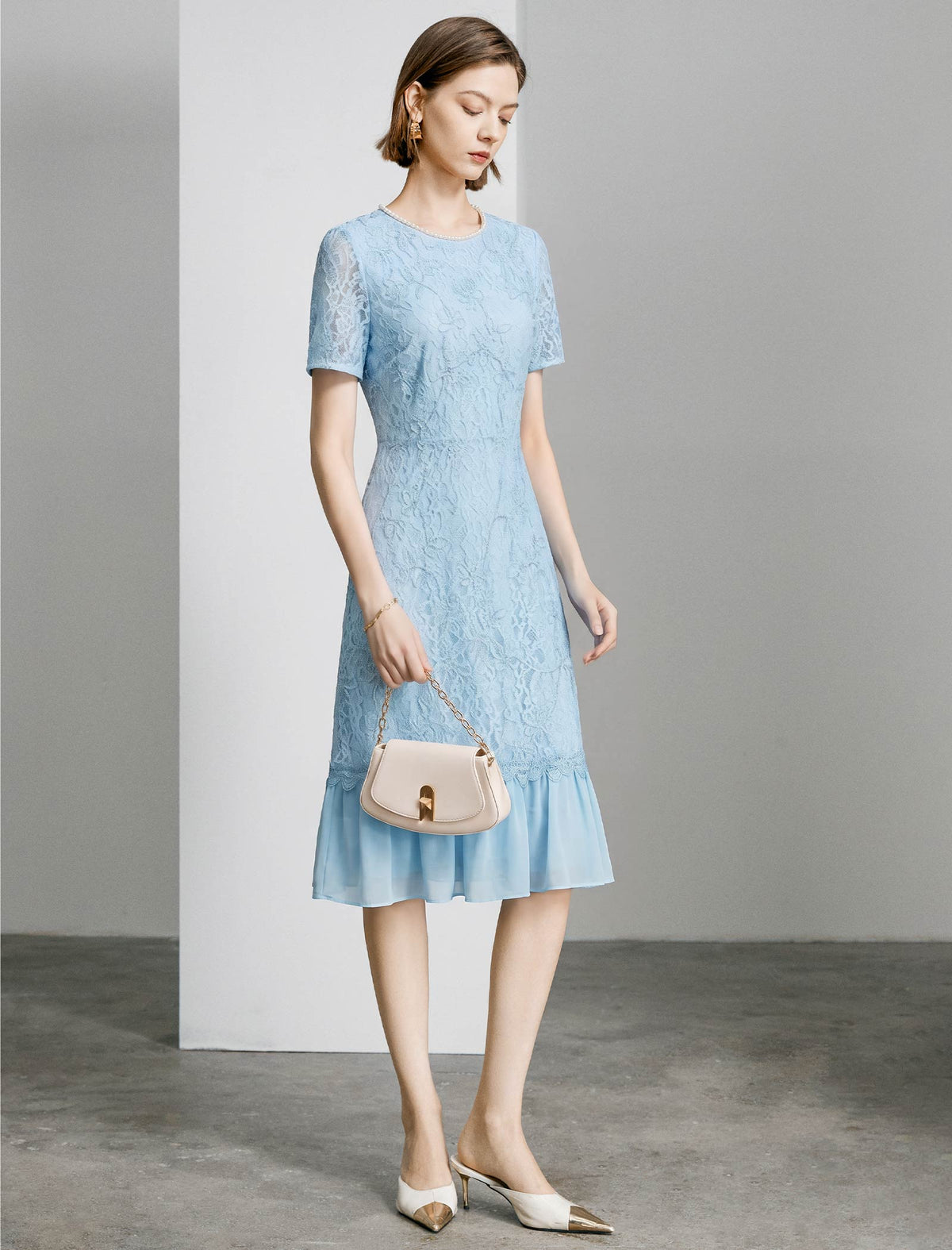 Light Blue Lace Ruffle Hem Midi Dress