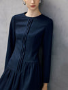 Wool Blend Pleated Crewneck Long Sleeve A-Line Dress