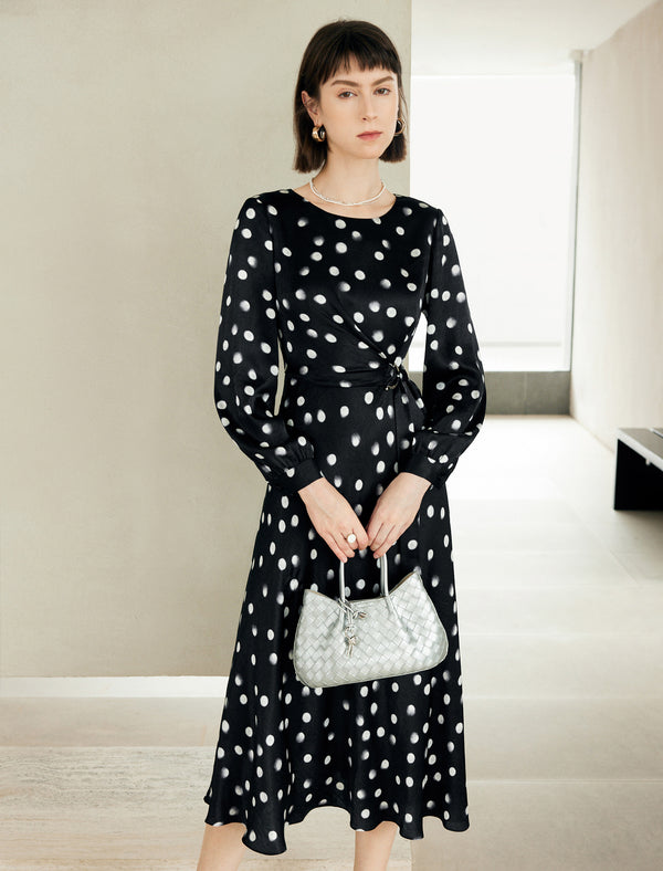 Black Polka Dot Long Sleeve Midi Dress