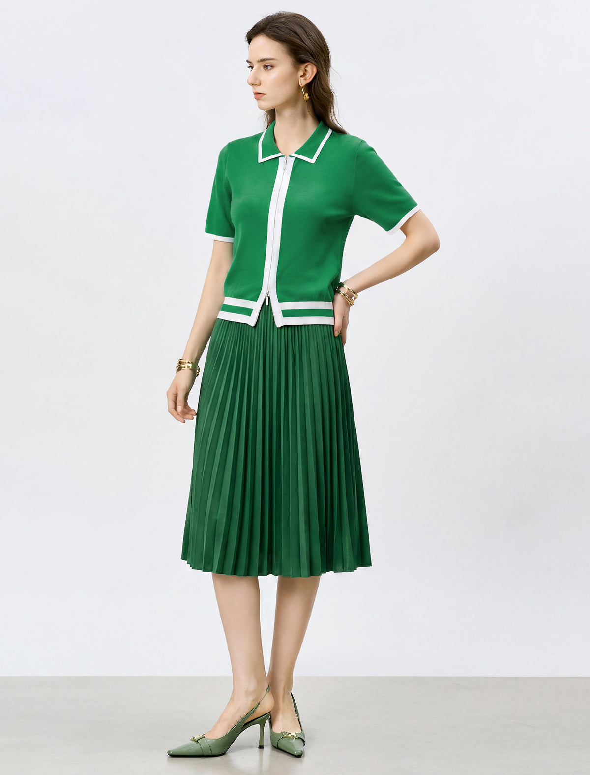 Collared Zip‑Up Knit Short Sleeve Cardigan