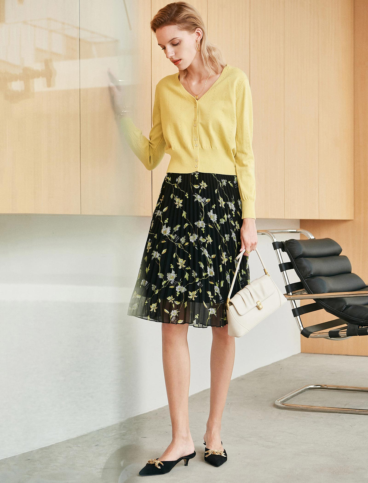 Vintage Chiffon Floral Pleated A-Line Skirt