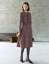 Jacquard Plaid V-Neck Long Sleeve Pearl-Button A-Line Dress