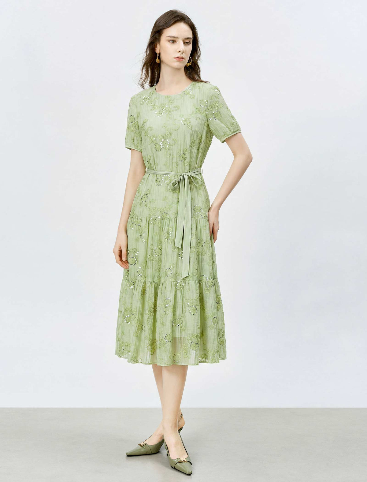 Mint Green Embroidered Tiered Midi Dress