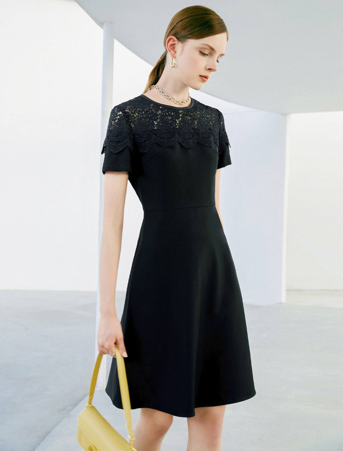 Lace Round Neck Waist-Cinched Dress