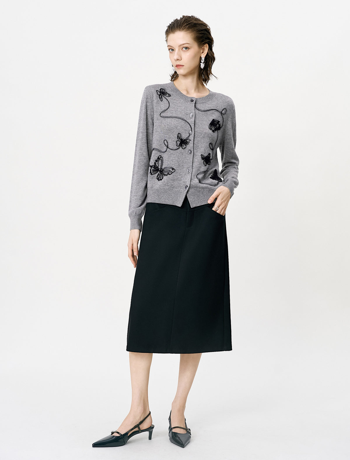 Gray Embroidered Loose Knit Cardigan