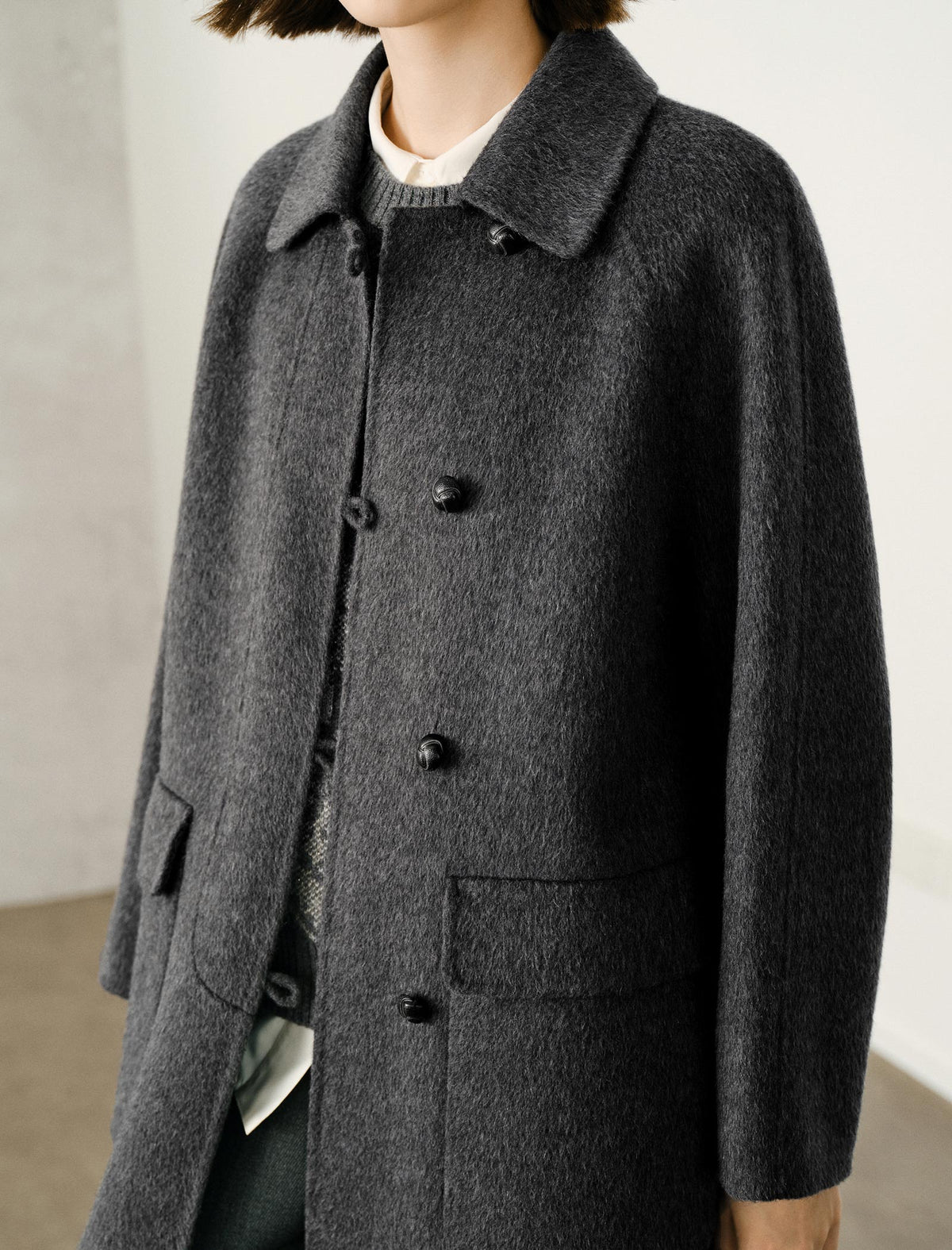 100% Wool Gray Double-Faced Lapel Mid-Length Coat