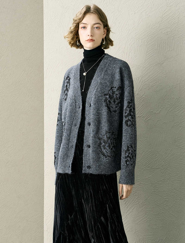 Wool-Blend Sequin Embellished Cardigan