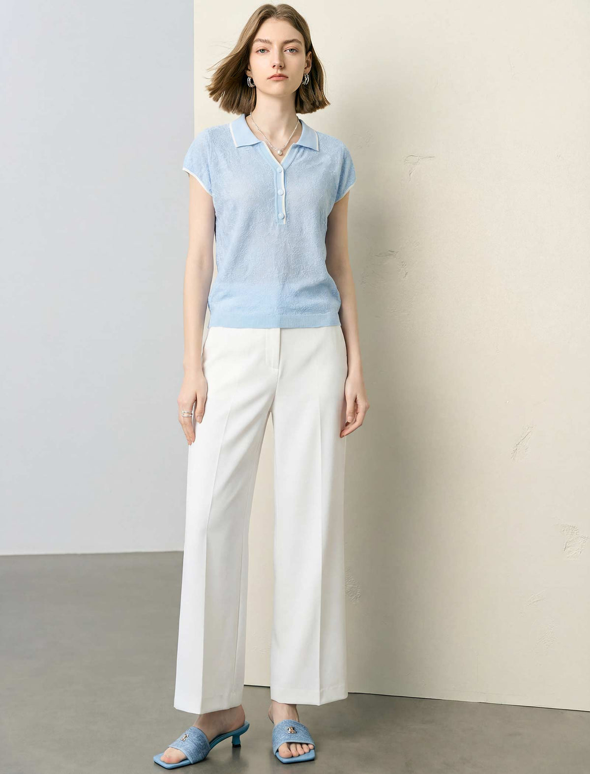 Textured Polo Cap‑Sleeve Knit Top