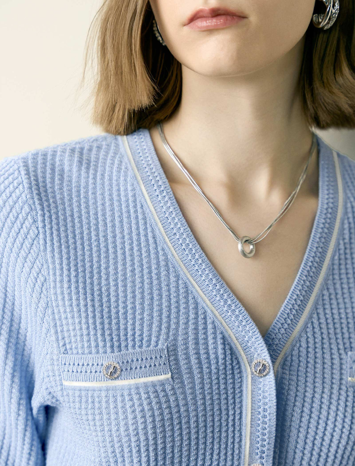 Blue Short-Sleeve V-Neck Button-Front Cardigan
