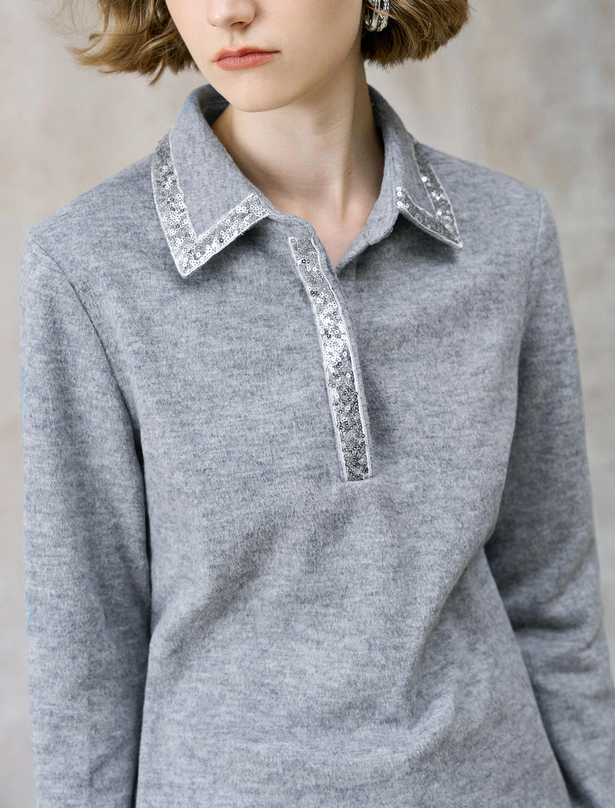 Sequin Trim Wool-Blend Polo Top