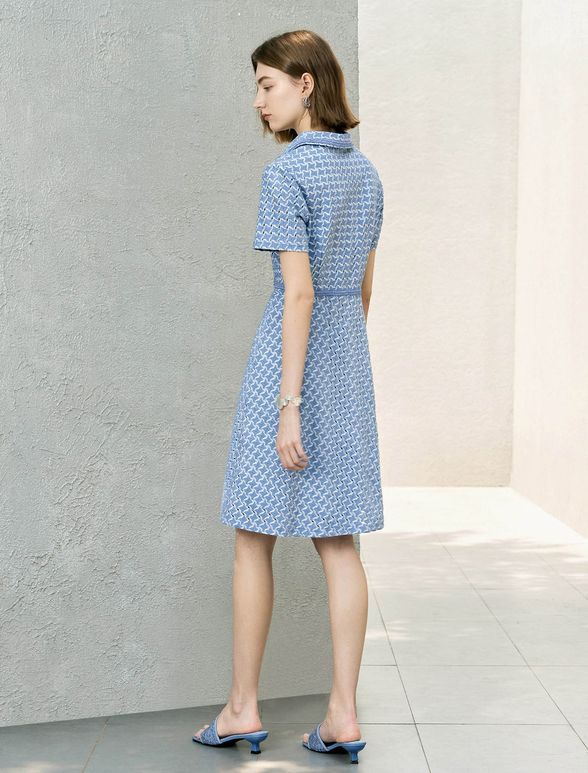 Blue Houndstooth Zipper Front Shirt Dress