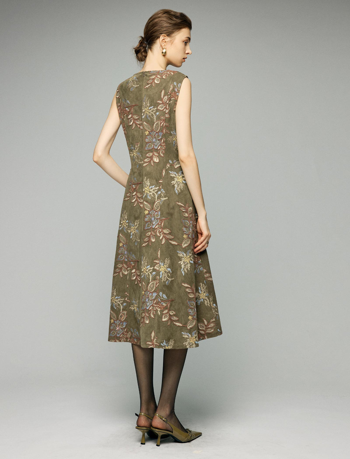 Floral Pattern Crewneck Sleeveless A-Line Midi Dress