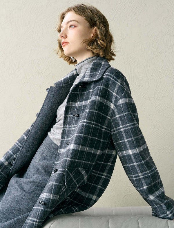 Plaid Wool-Blend Pocket Detail Coat