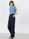 Mulberry Silk Blue Watercolor Geometric Print Cap Sleeve Blouse