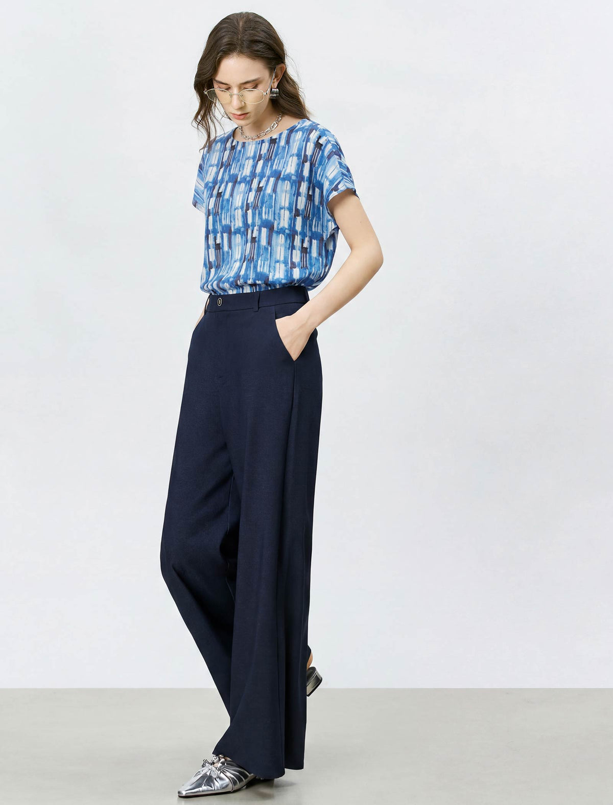 Mulberry Silk Blue Watercolor Geometric Print Cap Sleeve Blouse