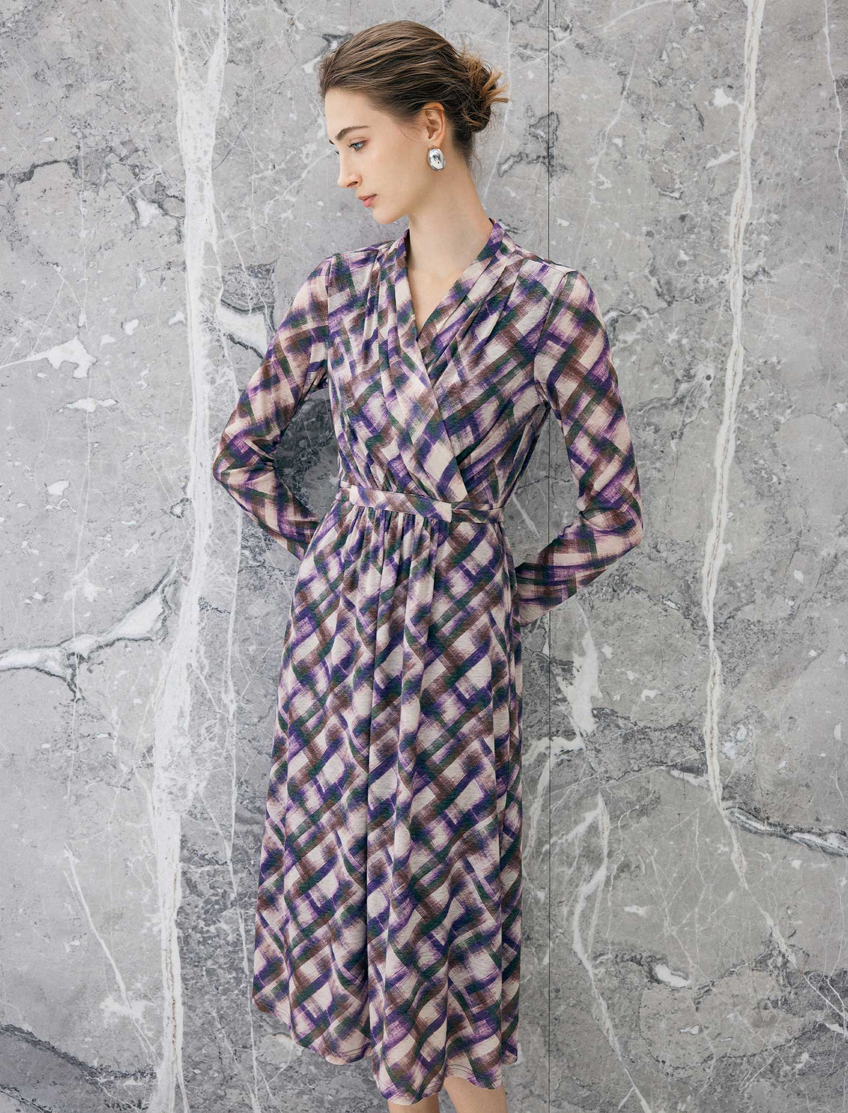 Watercolor Plaid Wrap V-Neck Belted Midi Dress