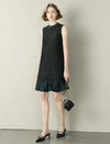 Black Tweed Wool-Blend Ruffle Hem Sleeveless Shift Dress