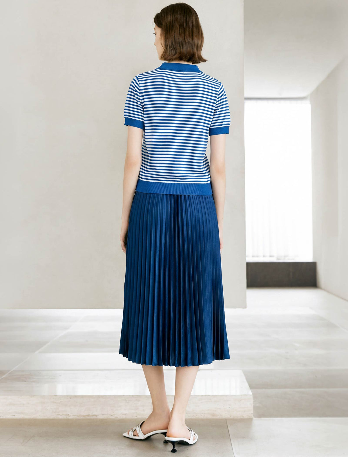 Navy White Striped Polo Short Sleeve Knit Top