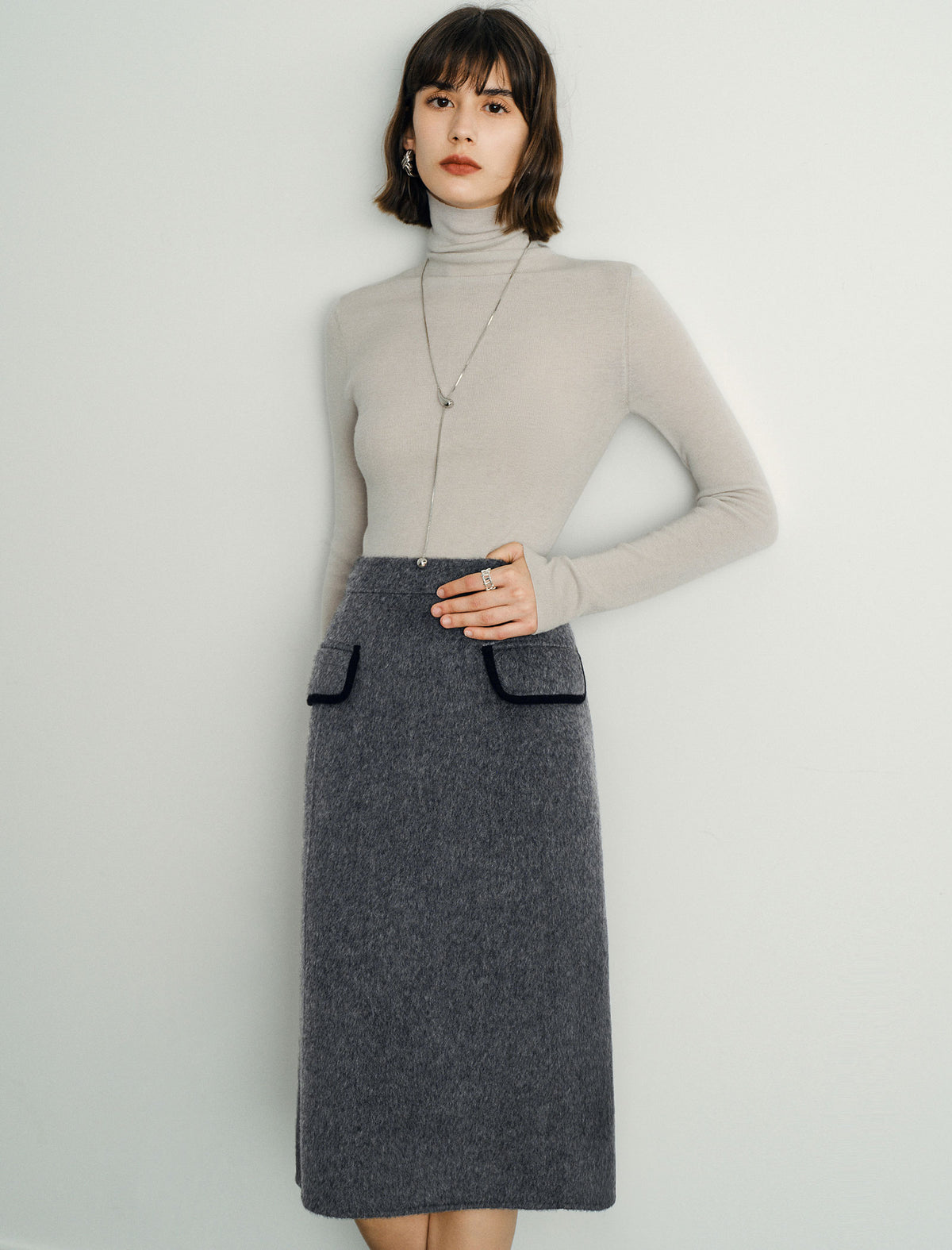 Wool Gray Double-Faced High-Waist A-Line Midi Skirt