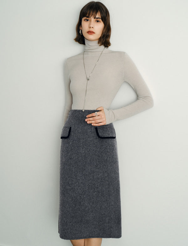 Wool Gray Double-Faced High-Waist A-Line Midi Skirt