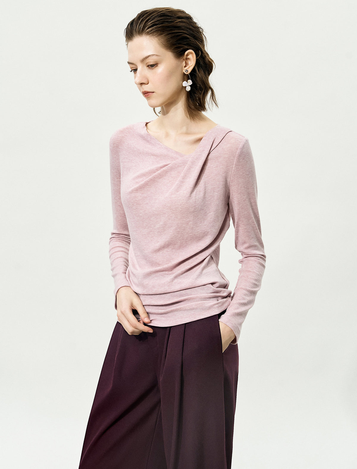 Asymmetric Neck Long-Sleeve Ruched Top