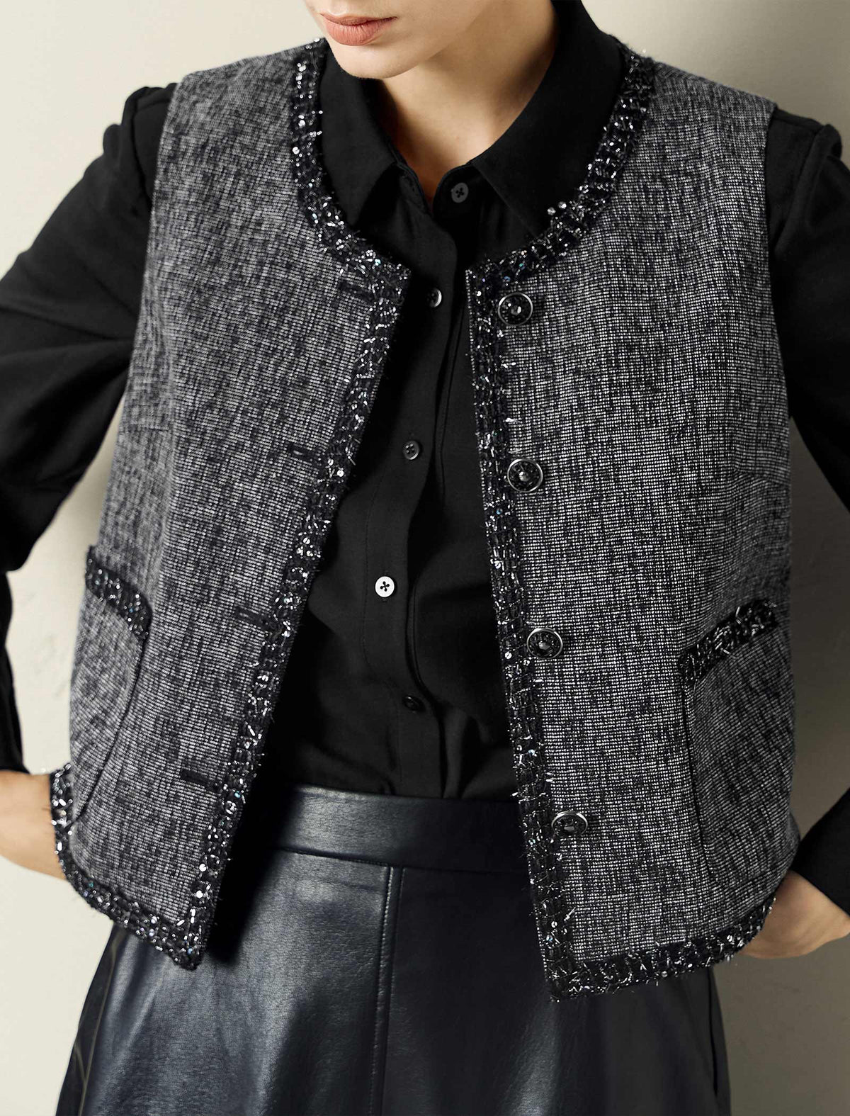Black Trim Tweed Vest