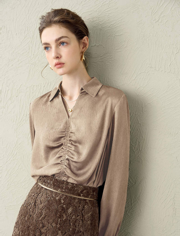 Mulberry Silk V-Neck Ruched Front Collared Blouse