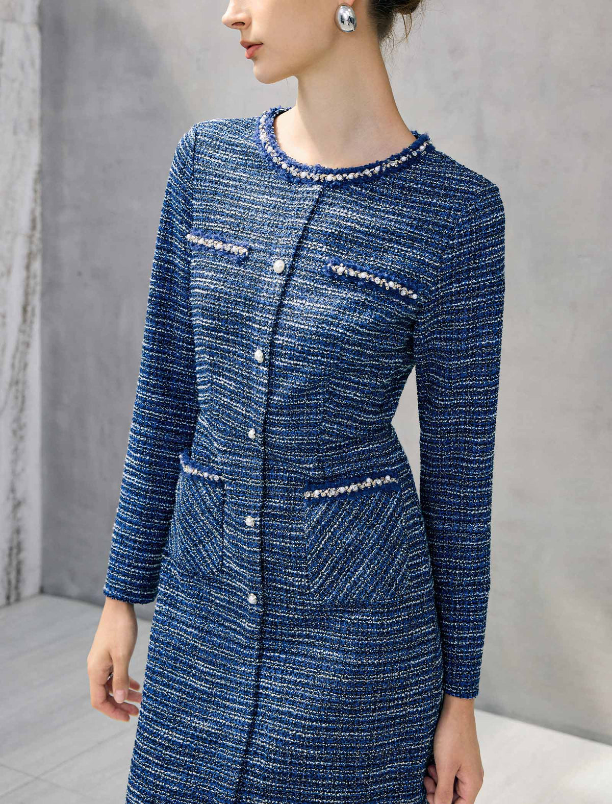 Braided-Trim Crewneck Long Sleeve Pearl-Button Straight Dress