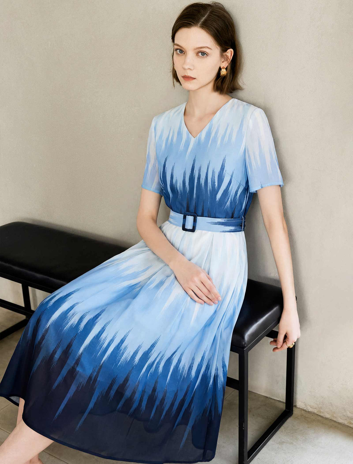 Blue Gradient Print Belted Midi Dress