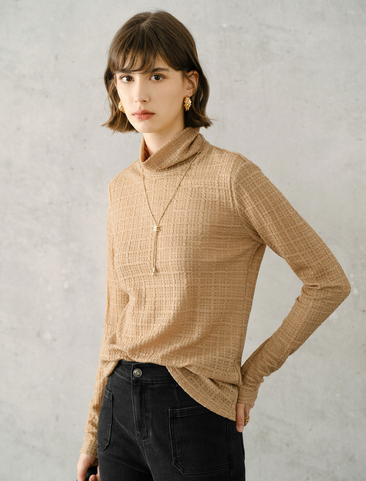 Wool Blend Textured Turtleneck Long Sleeve Knit Top