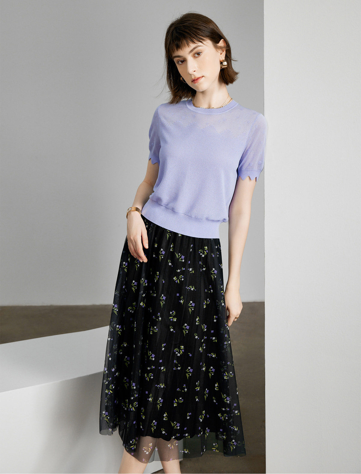 Black Mesh Floral Midi Skirt